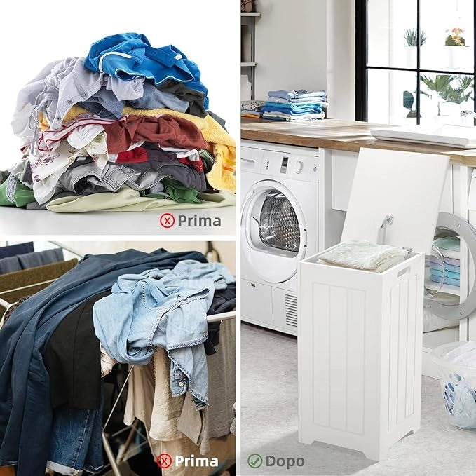 Mobile Portabiancheria per Bagno, Cesto Organizzazione Lavanderia, in Legno, Bianco