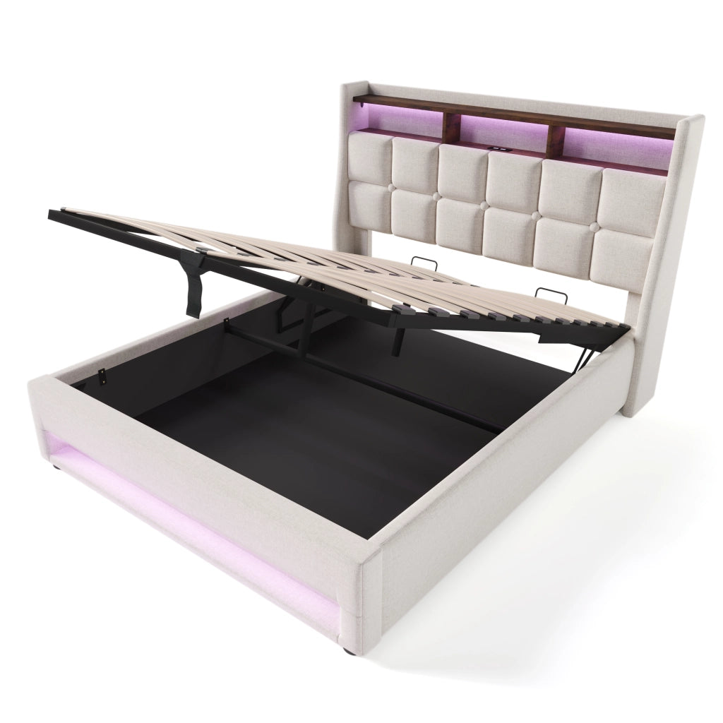 OKWISH Letto Contenitore 140×200 cm, Letto Matrimoniale con LED Regolabile, 2 USB e Mensola, senza Materasso, in Lino, Beige