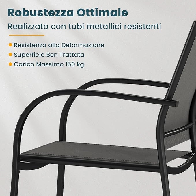 Set di 2 Sedie da Giardino, Sedie da Pranzo Impilabili in Metallo, con Seduta e Schienale Traspiranti, Poltrona Esterno per Giardino Piscina Balcone, Portata 150 kg