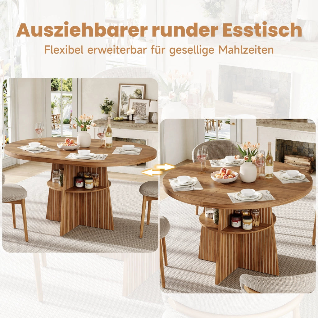Tavolo allungabile rotondo per 2-8 persone con ripiano contenitore, in MDF, finitura noce, 110-150 × 110 × 77,5 cm