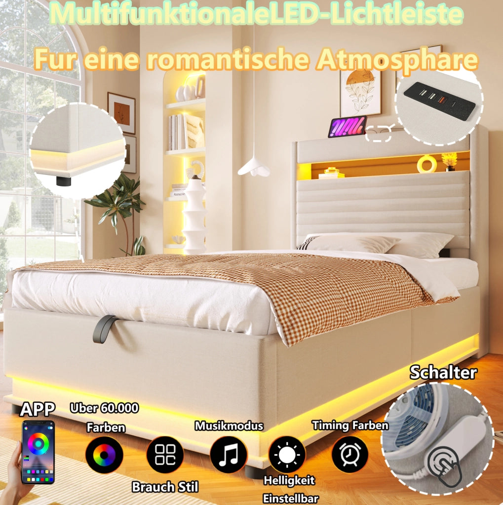 Letto imbottito 90x200 cm con LED, USB-C e vano contenitore