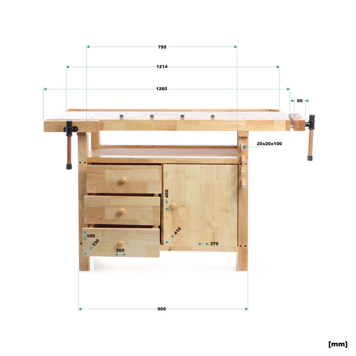 Banco da falegname in legno 126x50x84cm ganci e pinze di serraggio, cassetti e portaoggetti