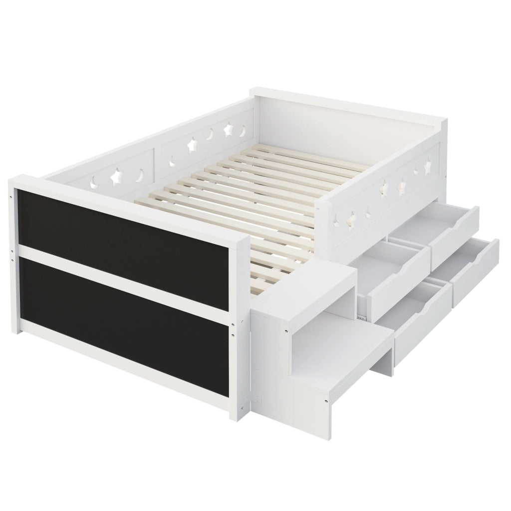 Letto singolo per bambini 90x200 cm con sponde stelle e luna; lavagna; cassetti; gradino e LED; legno bianco