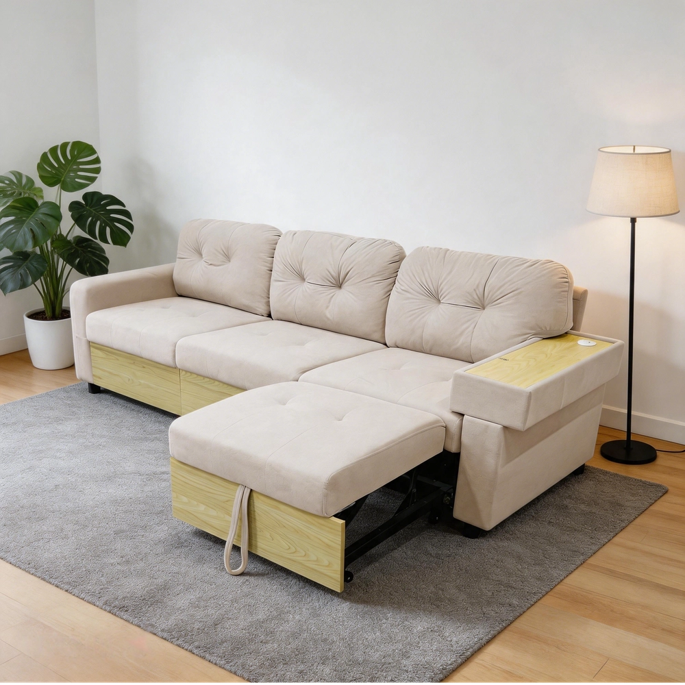 Divano Angolare 3 Posti con Penisola Estraibile, Contenitore e Braccioli in Legno ¨C MINIMAL ¨C Velluto Verde/Beige
