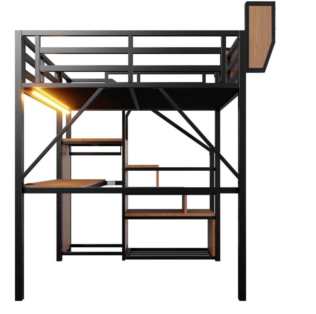 Letto a soppalco in metallo 140x200 cm con scrivania, LED e ripiani regolabili
