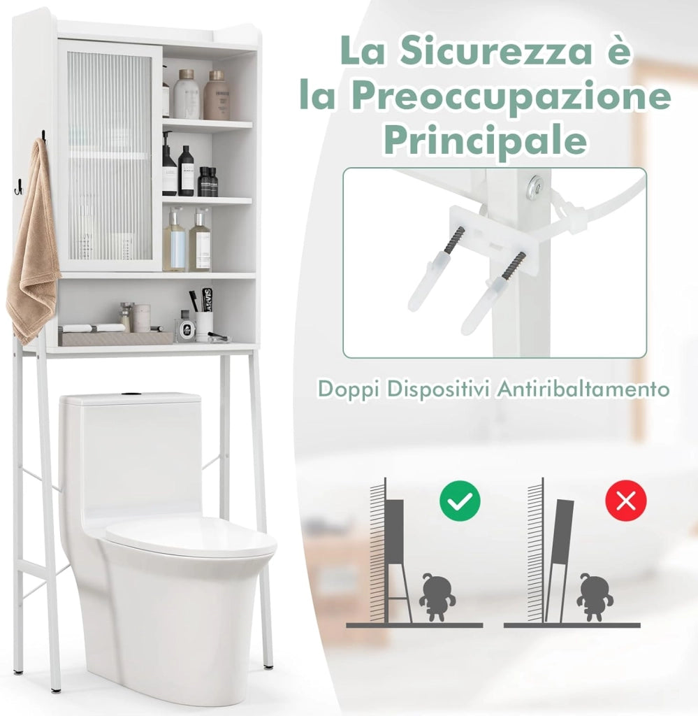 Mobiletto per Bagno, Armadio Sopra WC con Anta Scorrevole e Struttura Metallica, Scaffale Salvaspazio con Ripiani Regolabili per Bagno Lavanderia, 63x29x170 cm (Bianco)