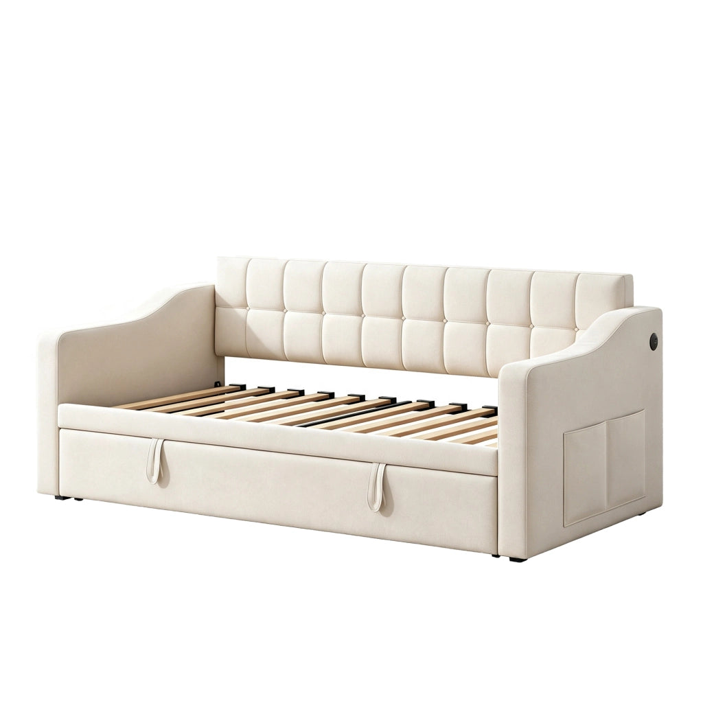 Letto divano estensibile 2 in 1 90x190/180x190 cm imbottito con USB e presa elettrica; velluto beige