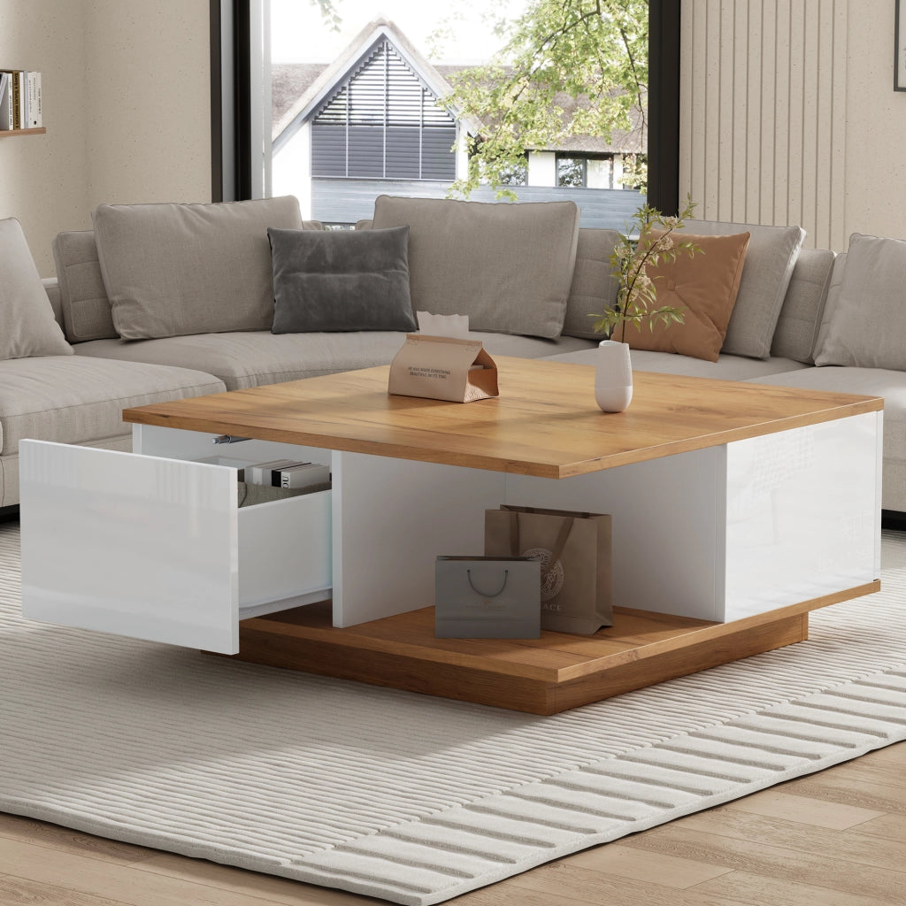 Tavolino da caffè 70x70x31;5 cm con 3 cassetti; bianco e legno