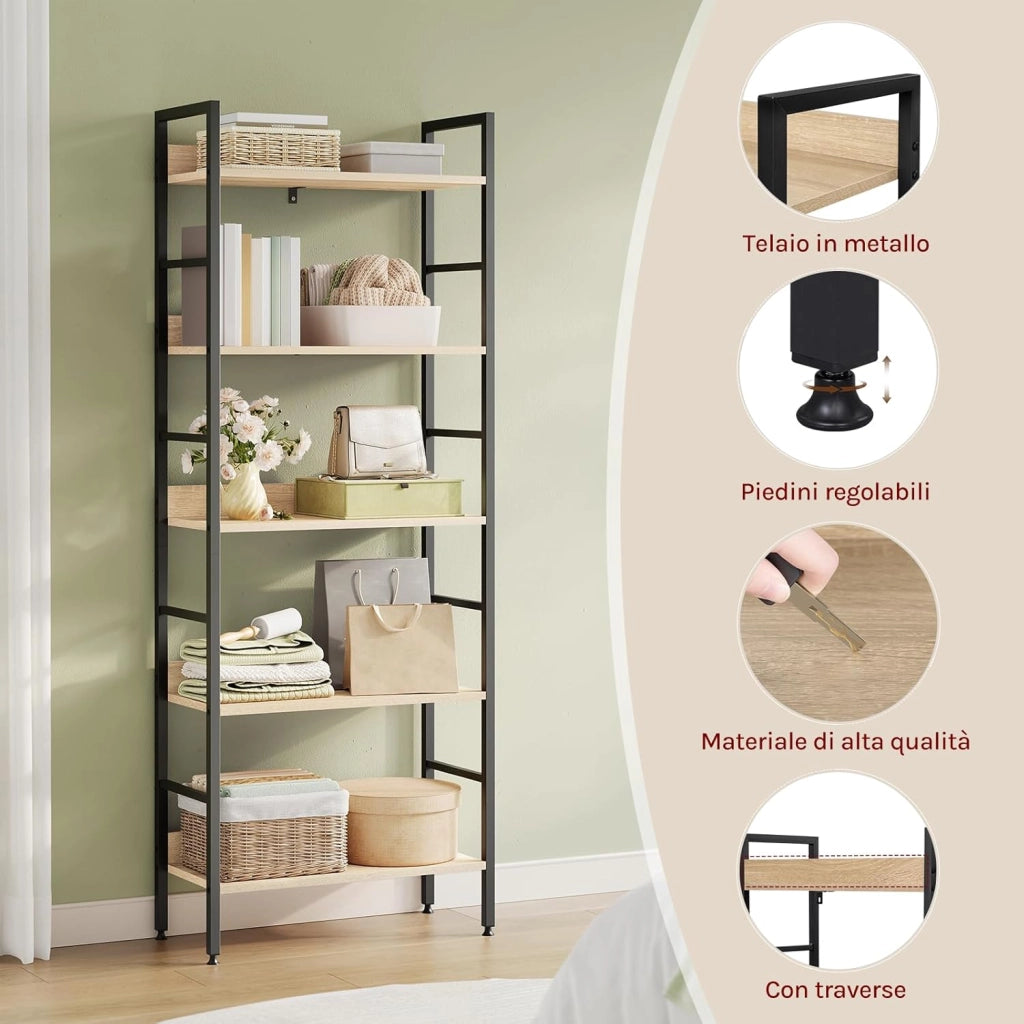 Libreria Scaffale a 5 Livelli, Libreria Verticale Struttura in Metallo per Soggiorno/Camera da Letto/Studio, 60x27,5x160cm, Bianco + Rovere chiaro