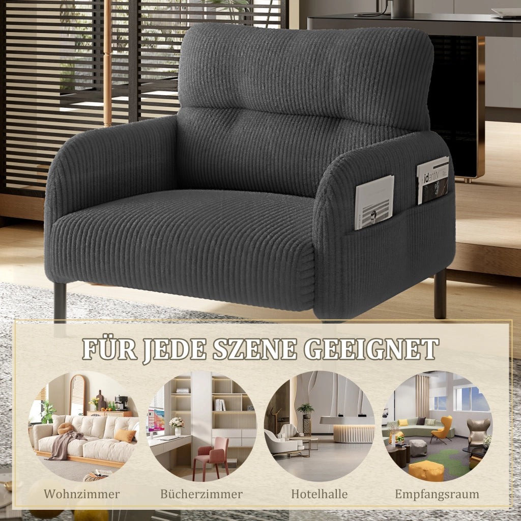 POLTRONA Singola in corduroy grigio 67 x 75 x 79 cm con tasca laterale