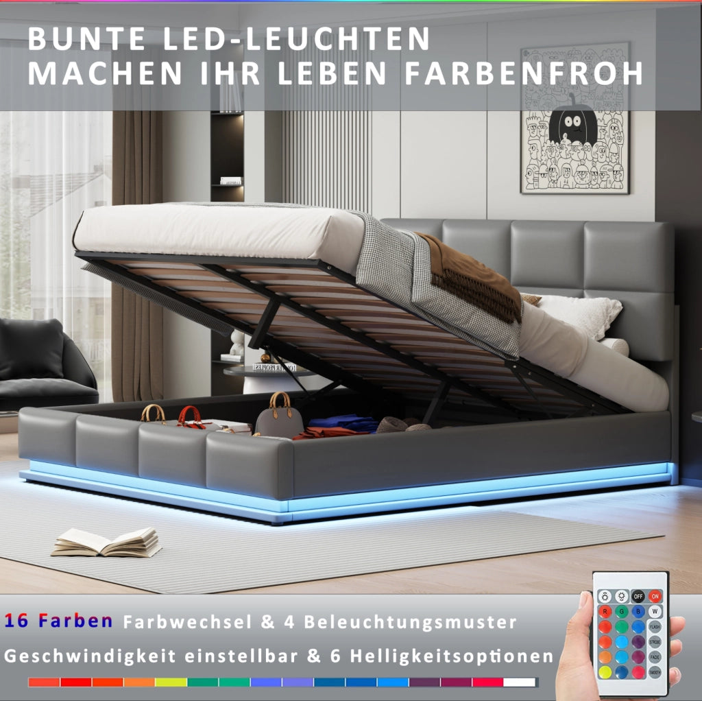 Letto matrimoniale 180x200 cm in pelle PU color cemento; con LED; contenitore e rete a doghe