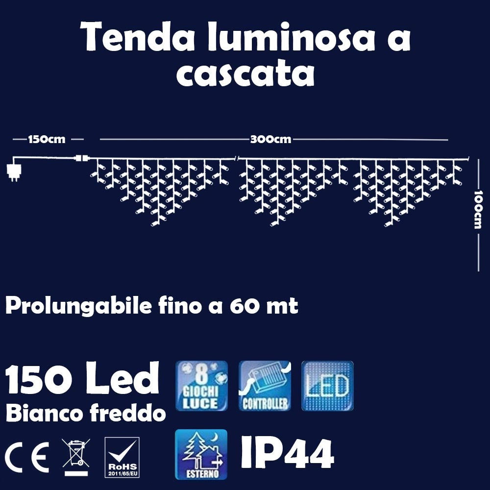 Trade Shop - Tenda Luminosa Natalizia 150led Con Flash Bianco Freddo 3mt Esterno Prolungabile -