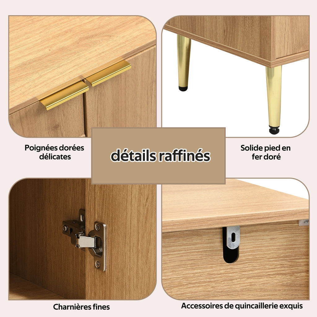 OKWISH Madia con 4 ante e ripiani regolabili, gambe in metallo, per soggiorno o sala da pranzo, MDF, naturale, 140 x 40 x 72 cm