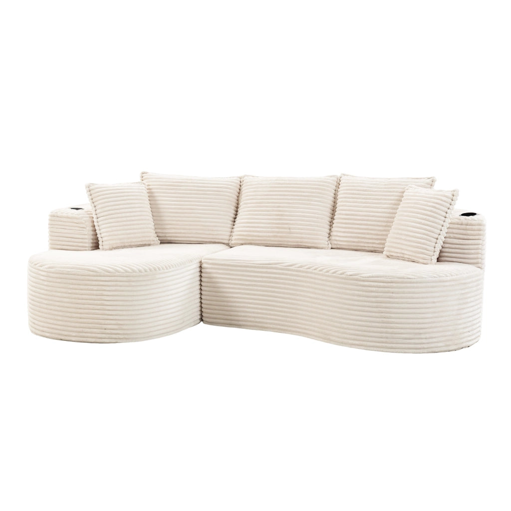 divano curvo con portabicchieri e tasca laterale; velluto beige; 250 Ã— 152 Ã— 82 cm