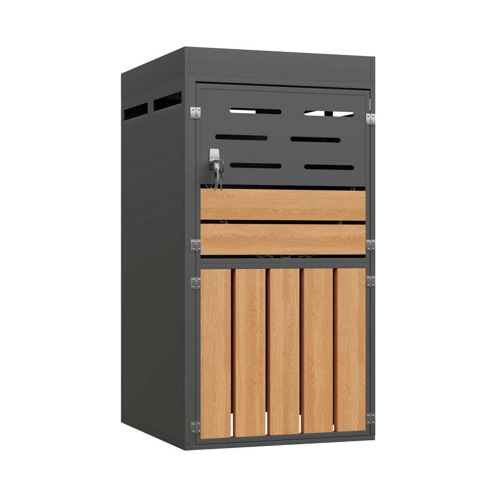 Armadio da esterno con fioriera integrata 66x80x128 cm grigio in metallo con ante ventilate e chiusura