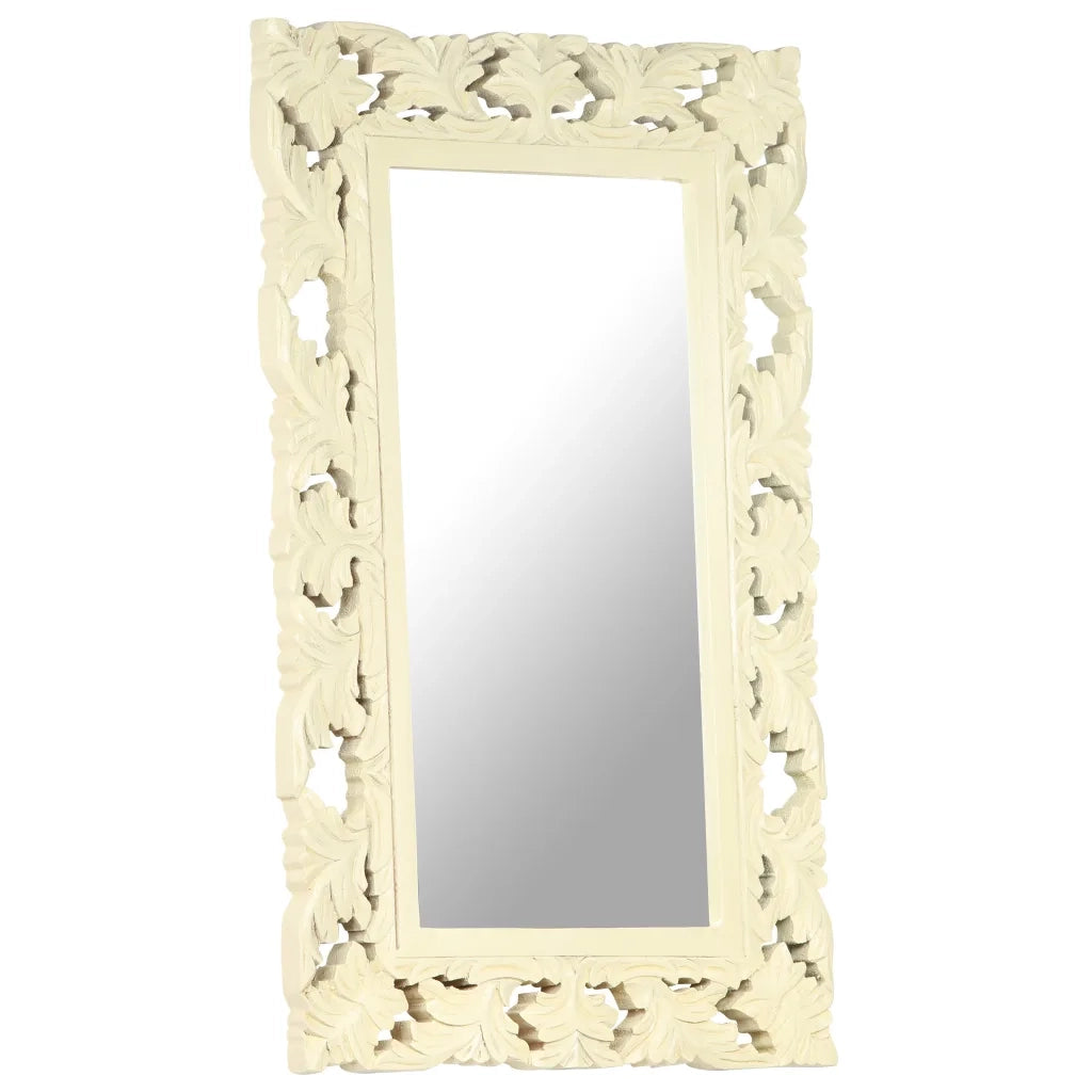 Specchio Intagliato a Mano Bianco 80x50 cm in Massello di Mango 321642