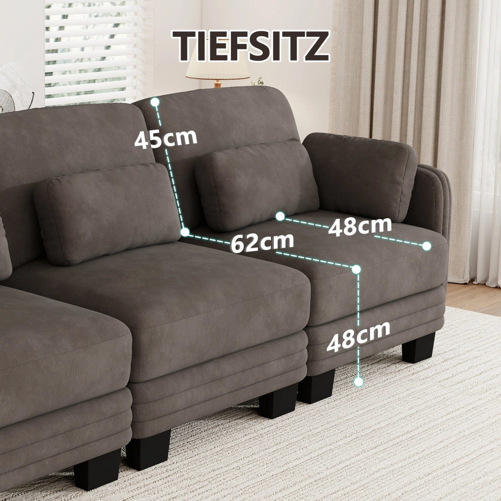 Divano lineare modulare 3 posti 253x88x88cm con cuscini lombari e per braccioli; seduta confortevole e sostenuta; chenille marrone