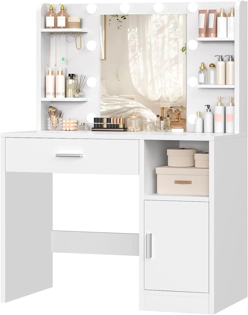 Toeletta da Trucco,Toeletta con Specchio Grande, Luci LED,3 Colori, Luminosità Regolabile,Postazione Trucco con 4 Ripiani Aperti, 5 Ganci per Gioielli,Armadietti,Moderno, Bianco