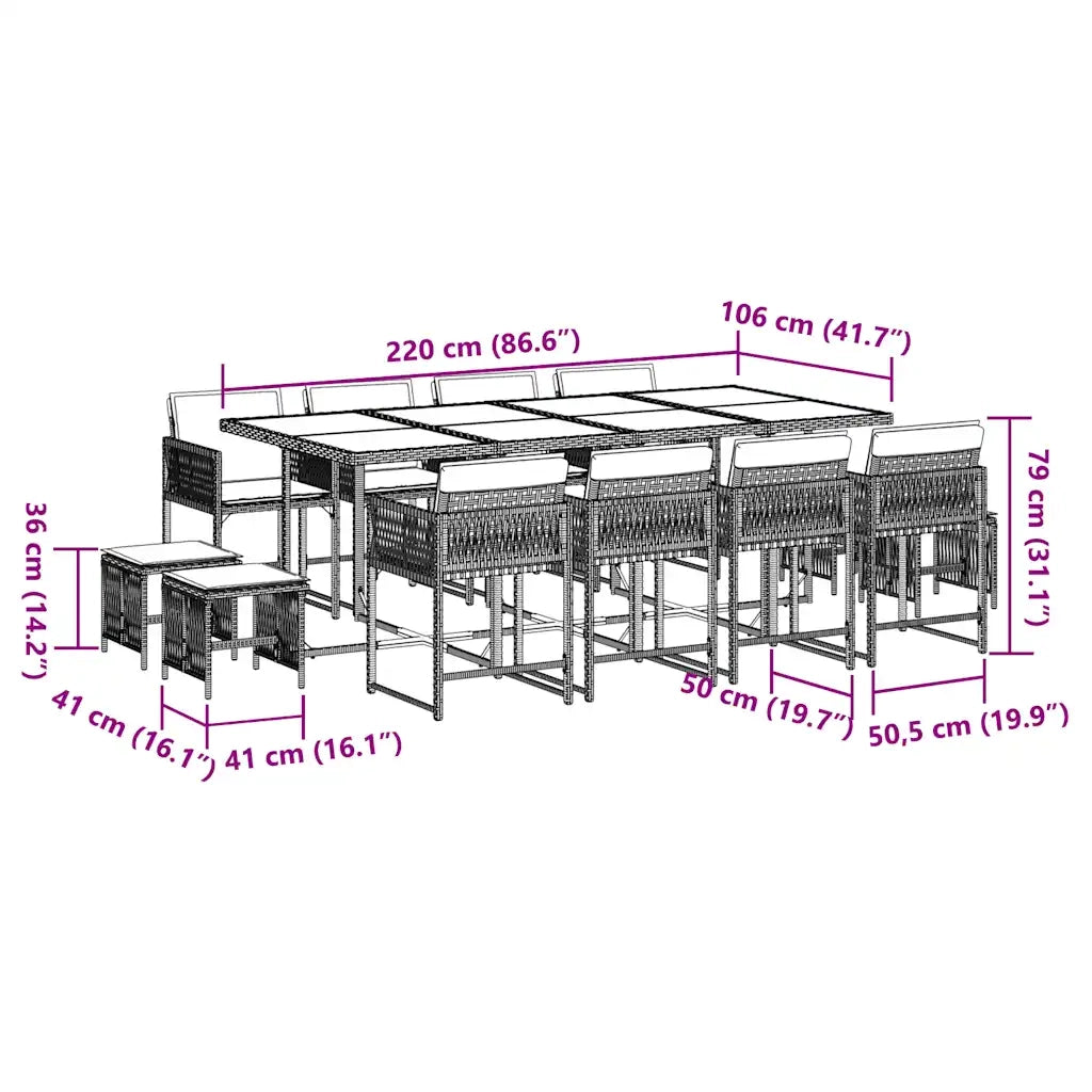 Set da Pranzo da Giardino 13pz con Cuscini Nero in Polyrattan