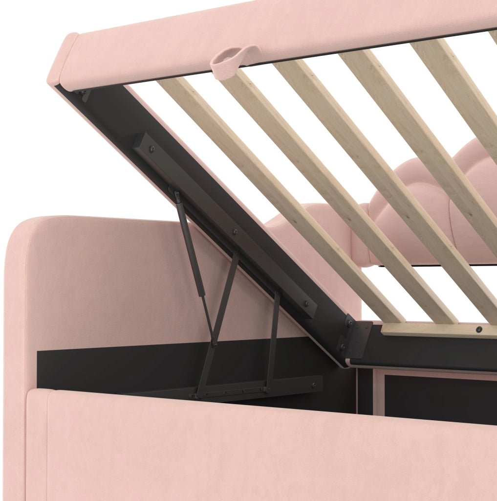 Letto singolo imbottito in velluto rosa con contenitore e LED