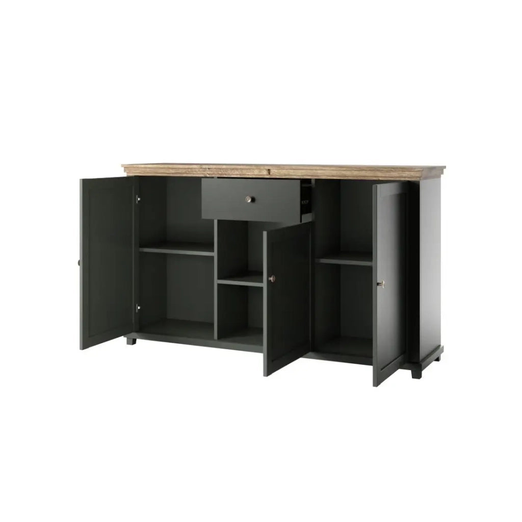 Buffet 160cm con 3 porte e un cassetto collezione ASSIA. Colori verde e rovere.
