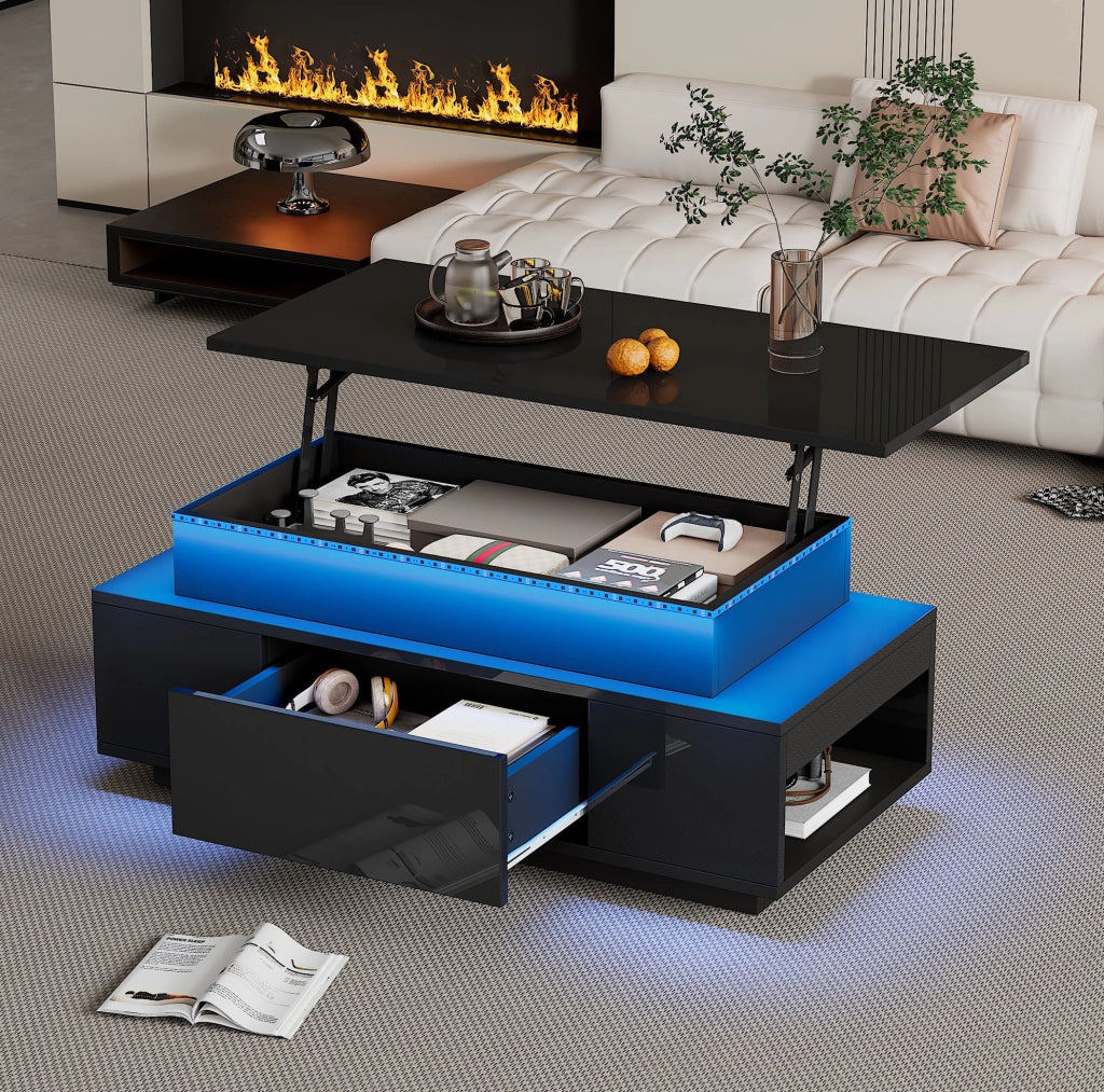 Tavolino da caffè elevabile nero con LED e ampio spazio contenitore