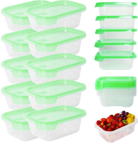 Set di contenitori alimentari con coperchi – Lotto da 10 pezzi, 500 ml l'uno, BPA libero, ermetici, stivibili, resistente al microonde e lavastoviglie, contenitori trasparenti per congelatore con coperchi verdi