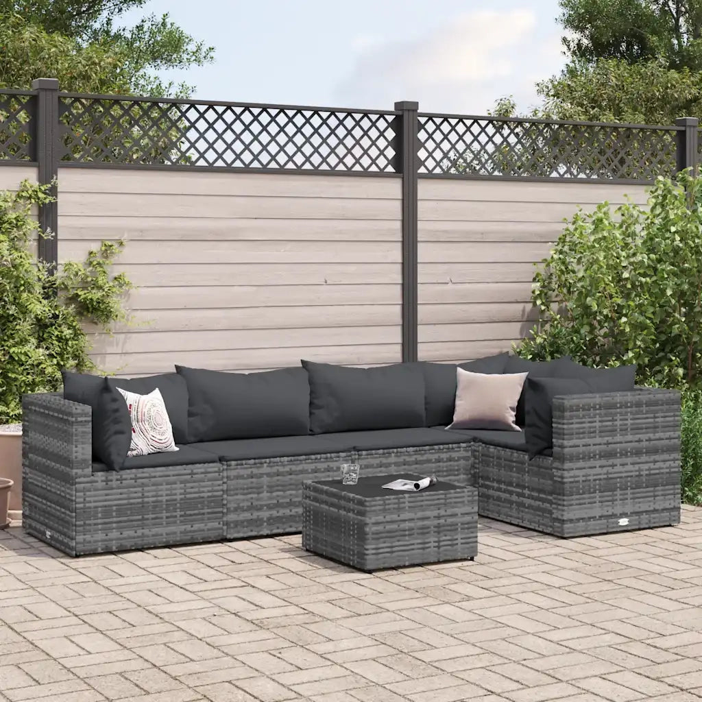 Set Divani da Giardino 6 pz con Cuscini in Polyrattan Grigio