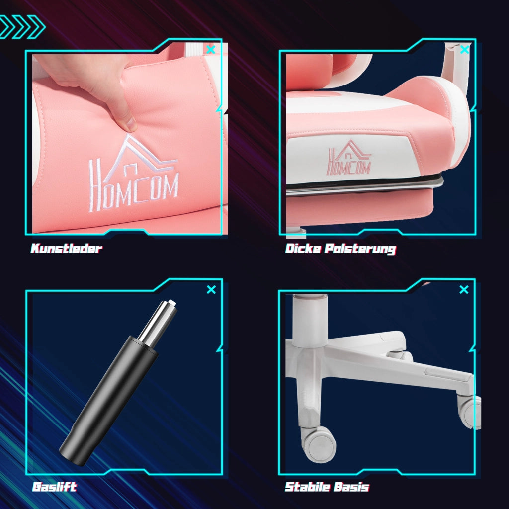 Sedia da ufficio gaming con supporto lombare, poggiapiedi, orecchie e zampe di gatto, in similpelle rosa
