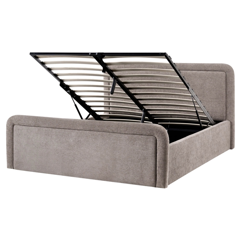 Letto contenitore rivestito in tessuto grigio marrone 160 x 200 cm testiera asimmetrica a gradini in stile scandinavo