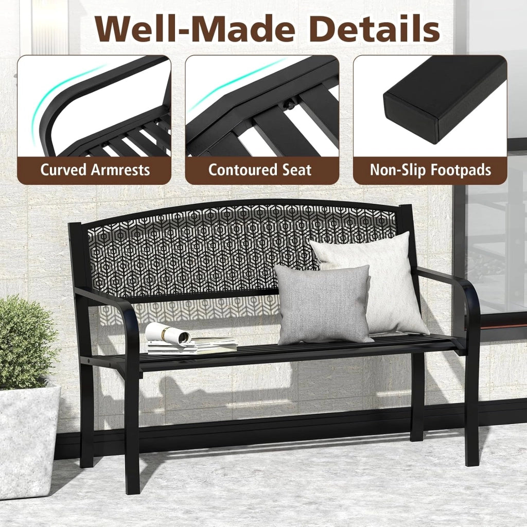 Panca da giardino per 2-3 persone, panca da parco con schienale alto e braccioli, sedia in metallo con carico di 300 kg, poltrona per terrazza, balcone, 128 x 60 x 86 cm (Nero)