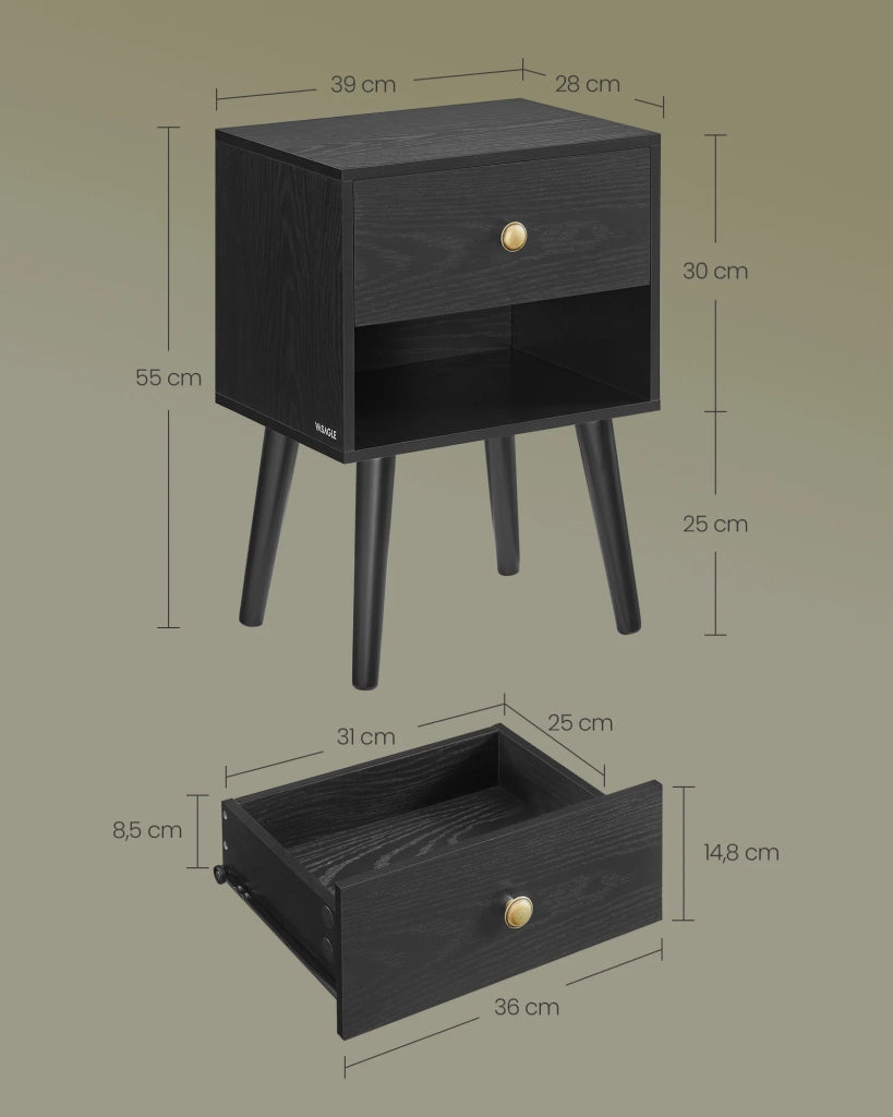 Comodini/tavolini con cassetto e vano aperto gambe in legno 28 x 39 x 55 cm tavolini per soggiorno camera da letto divano nero 12_0007700