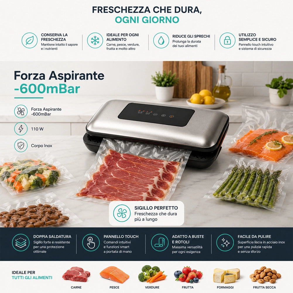 Macchina Sottovuoto e Sigilla 110W Forza Aspirante -600mBar per Alimenti