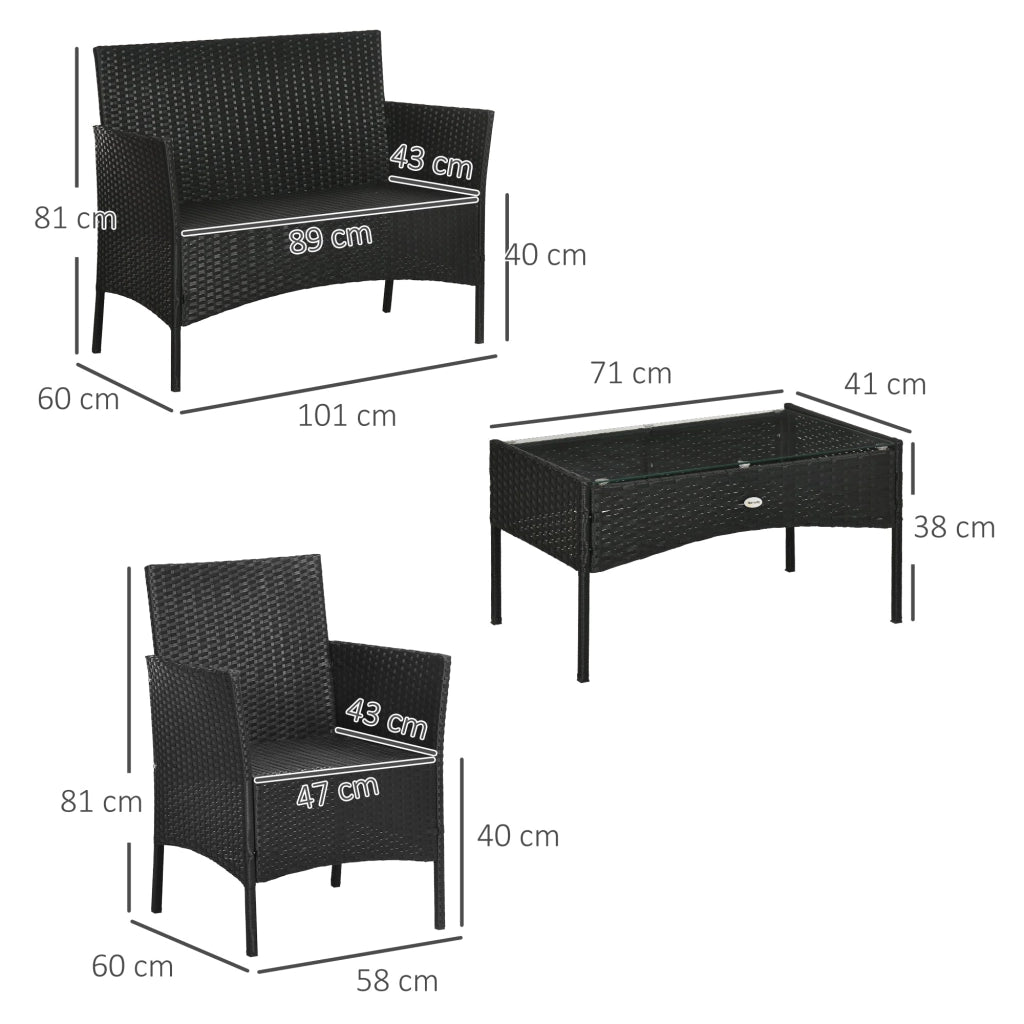 Set Salotto da Giardino Divano 2 Poltrone e Tavolino in Rattan PE Nero