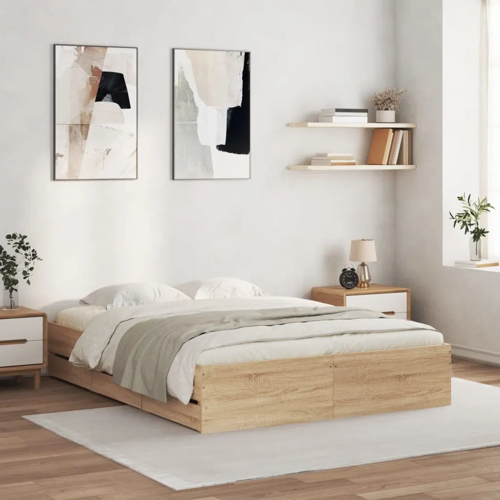 Letto matrimoniale | Letto per adulti | Giroletto Cassetti Rovere Sonoma 150x200 cm Legno Multistrato