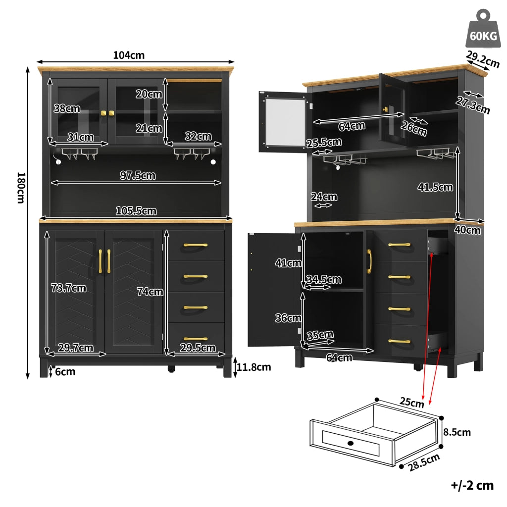 OKWISH Credenza da Cucina con Ante, Cassetti, Ripiani Interni e LED, Stile Retrò Moderno, in MDF, Nero, 105.5×40×180 cm
