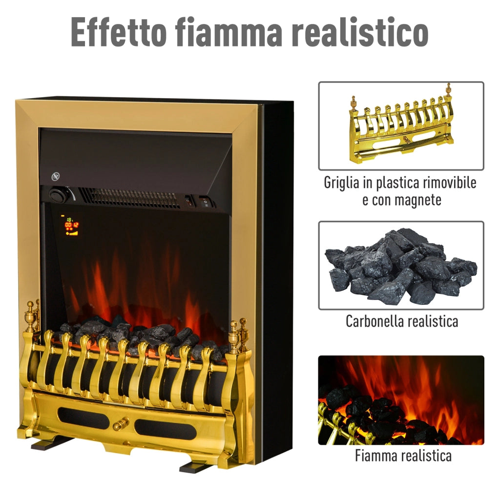 EasyComfort Camino Elettrico da Terra 1000/2000 W Effetto Fiamma LED, Caminetto Elettrico con Protezione da Surriscaldamento e Ribaltamento, Riscaldamento Regolabile, Oro