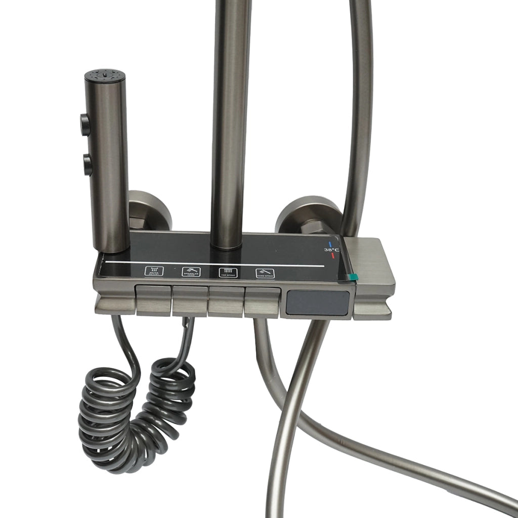 Set doccia multifunzionale con termostato, display digitale della temperatura dell’acqua, 4 funzioni di erogazione dell’acqua, bocca vasca, soffione doccia rettangolare, doccetta, doccia bidet, colore grigio.