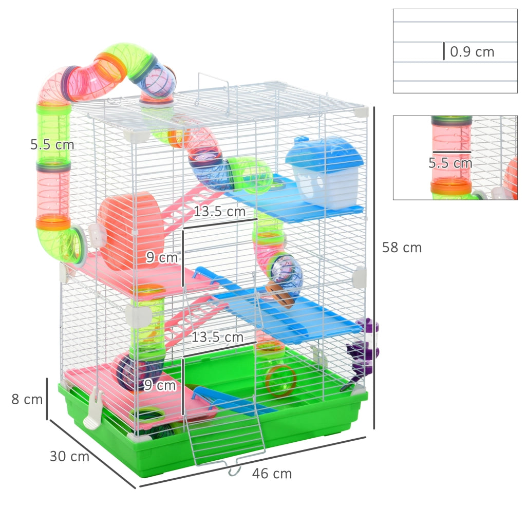 EasyComfort Gabbia per Criceti a 5 Livelli con Tubi, Ruota, Scale, Casetta e Bottiglia, Gabbietta per Roditori in Metallo, PP e PS, 46x30x58 cm, Verde