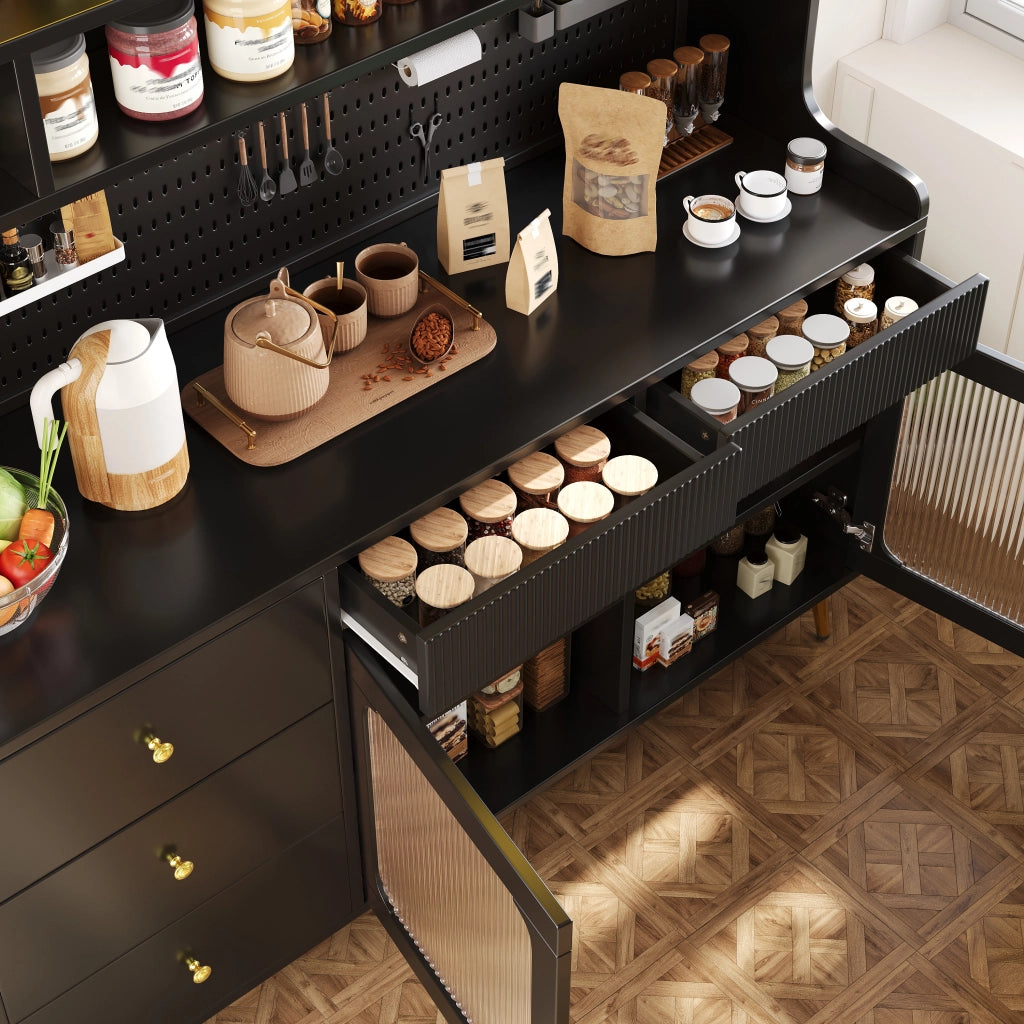 Credenza e madia alta con LED controllati tramite app e telecomando 1 cassetto in MDF e vetro nero 145 × 39 × 171 cm