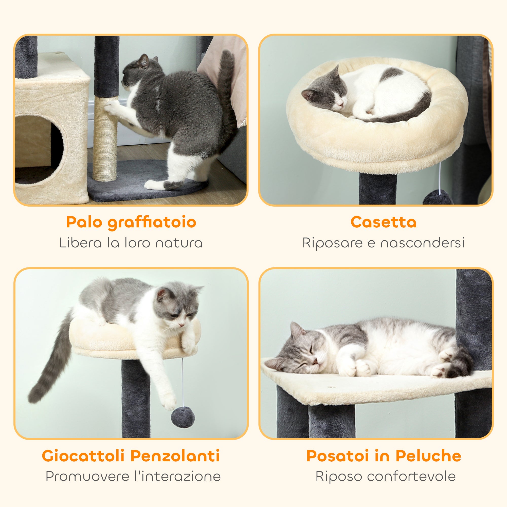 Albero Tiragraffi per Gatti Alto 92 cm con Casetta Lettino Pali in Sisal e Pallina Bianco Crema