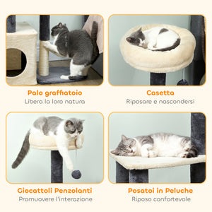 Albero Tiragraffi per Gatti Alto 92 cm con Casetta Lettino Pali in Sisal e Pallina Bianco Crema