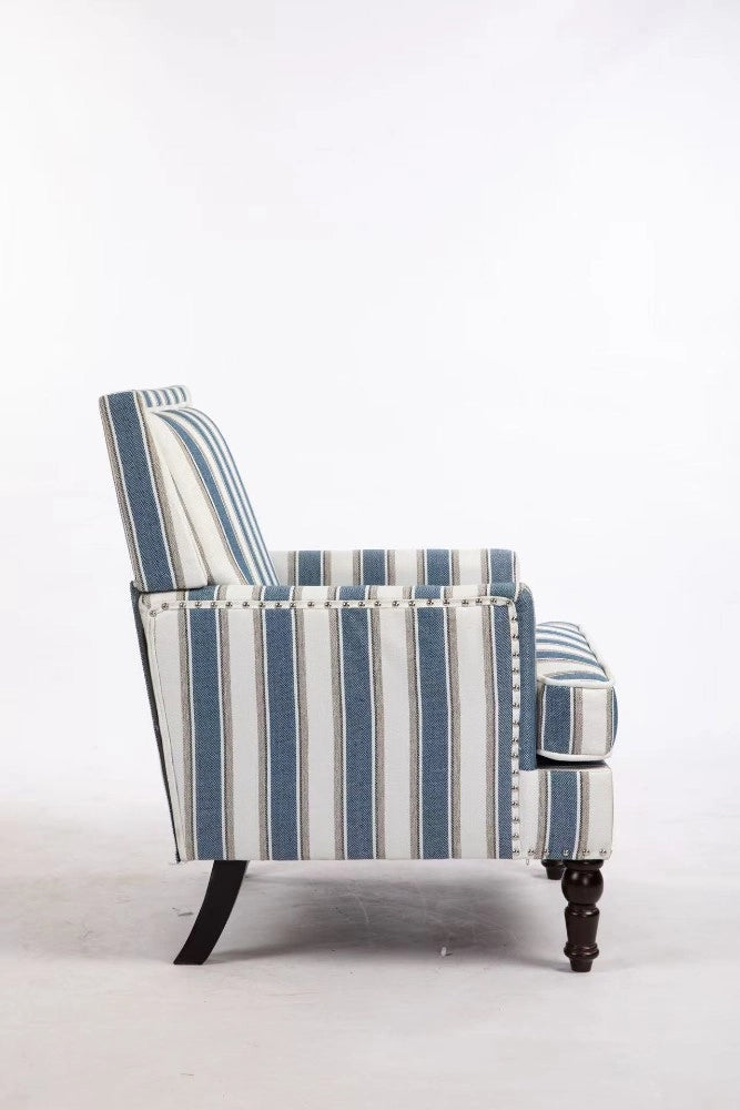 Poltrona Accent Vintage ¨C Xylo ¨C Tessuto Lino Righe Blu e Bianco con Borchie