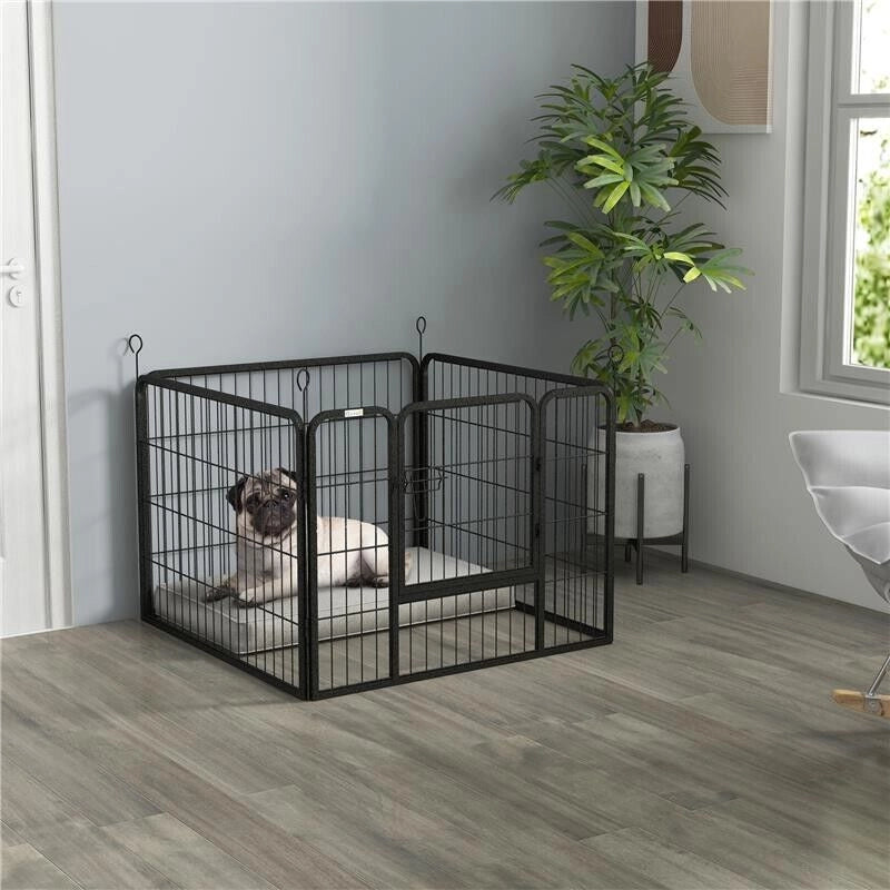 RECINTO PER CANI PIEGHEVOLE IN METALLO, PER INTERNO ED ESTERNO CON PORTA E PICCHETTI, 82X82X60CM GRIGIO