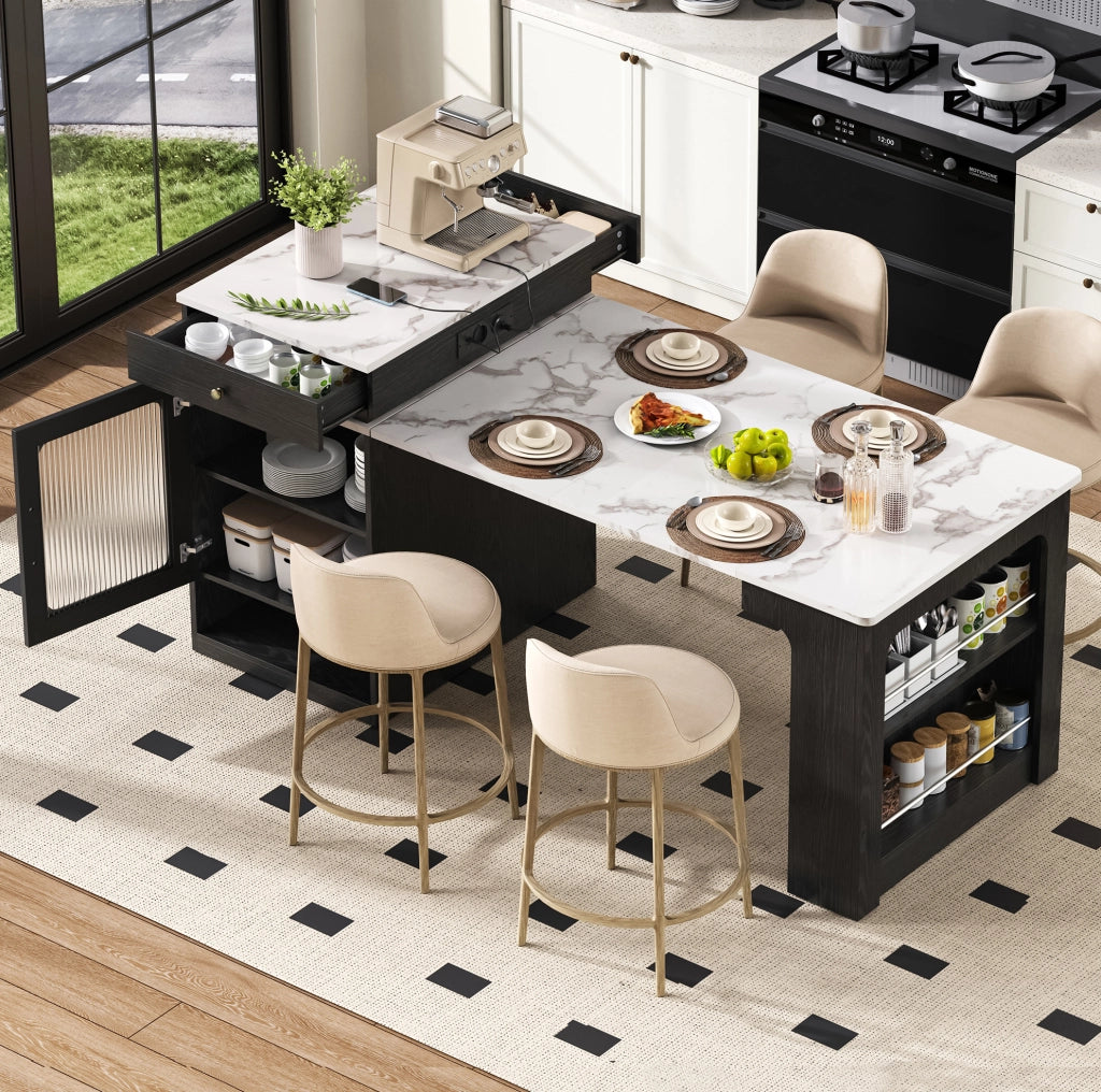 Tavolo da pranzo estensibile con prese; mobile contenitore in MDF e vetro bianco e nero