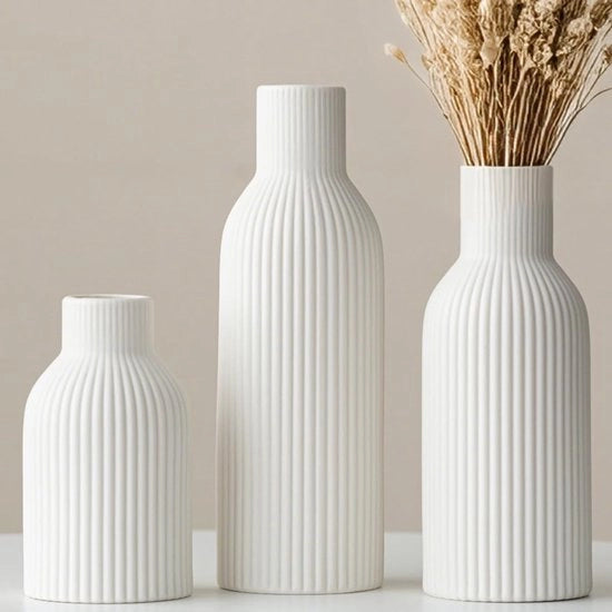 Set di vasi ceramici moderni, 3 pezzi, a rilievo, colori pastello, vasi decorativi per la sala da pranzo (bianco)