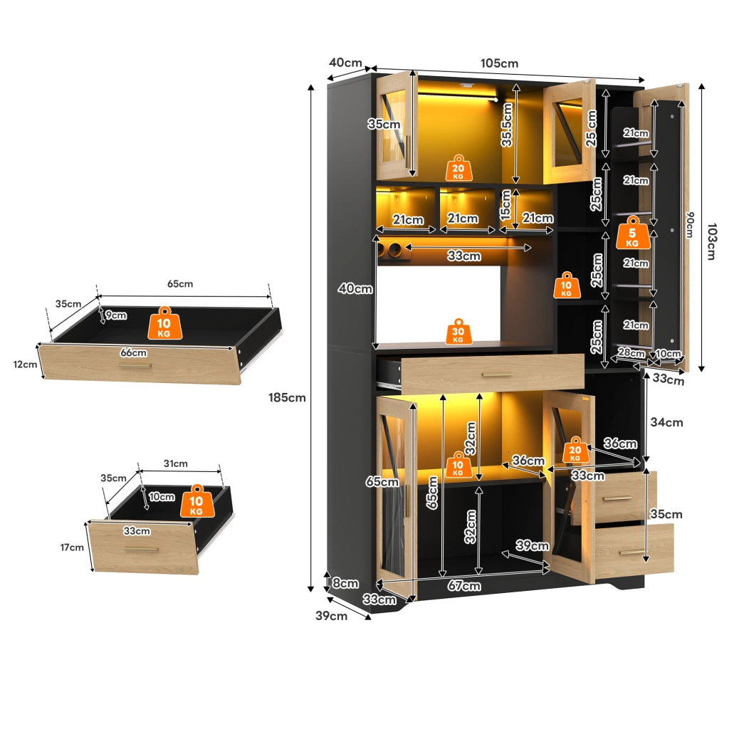Credenza Alta Stile Rustico con LED, Ripiani, Cassetto e Prese ¨C Xylo ¨C 185x105x40