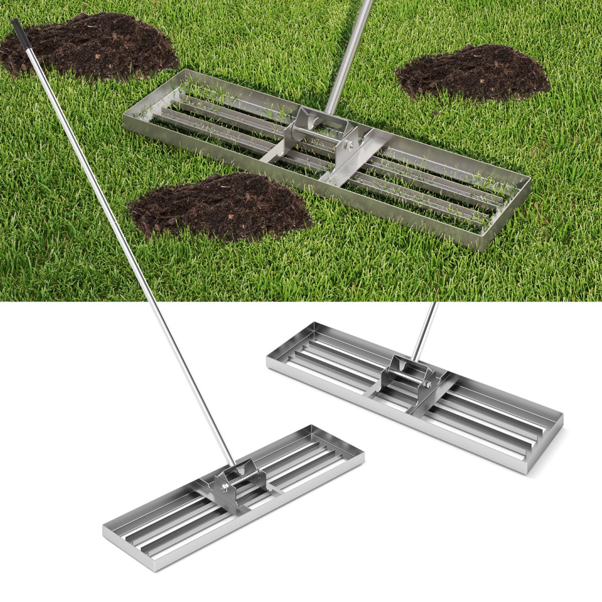 Rastrello livellatore per prato cortile, Livellatore giardino con impugnatura ergonomica e piastra 91x25cm Argento-Attrezzi da giardino