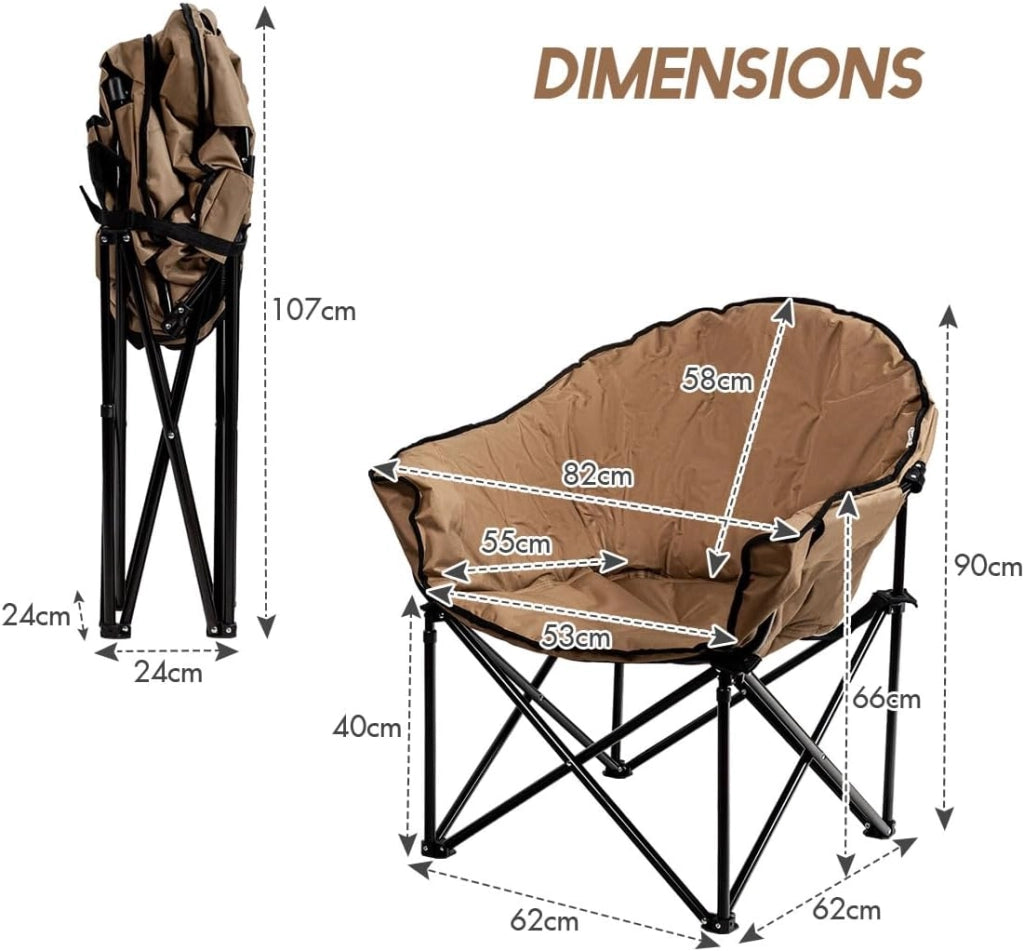 Sedia da Campeggio Pieghevole, Sedia Imbottita con Porta Bicchiere, per Campeggio Pesca Giardino Cortile Spiaggia, Struttura in Ferro (Marrone)
