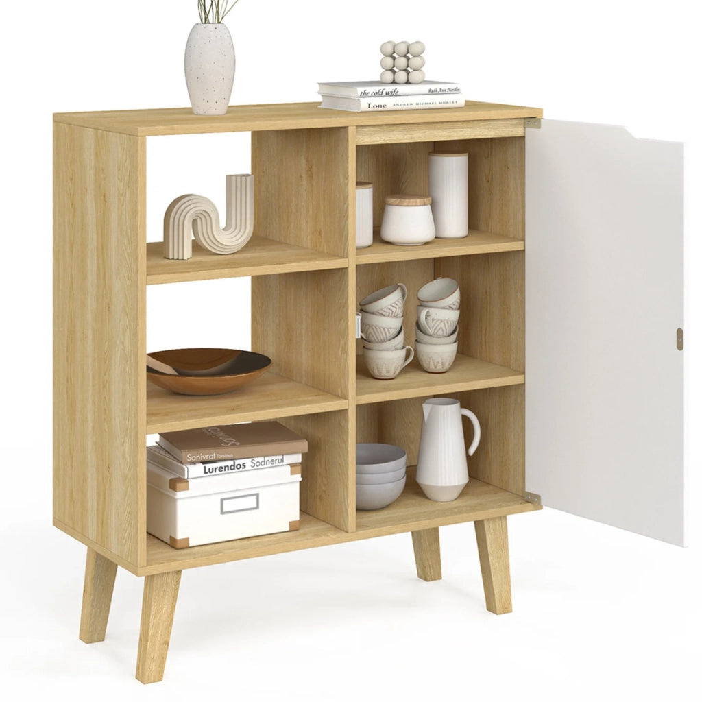 IDMarket - Credenza con 3 ripiani e armadio 70 cm FINN bianco e legno effetto faggio